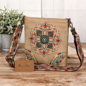 Montana West Embroidered Mandala Crossbody Bag Boho Western Purse Beige